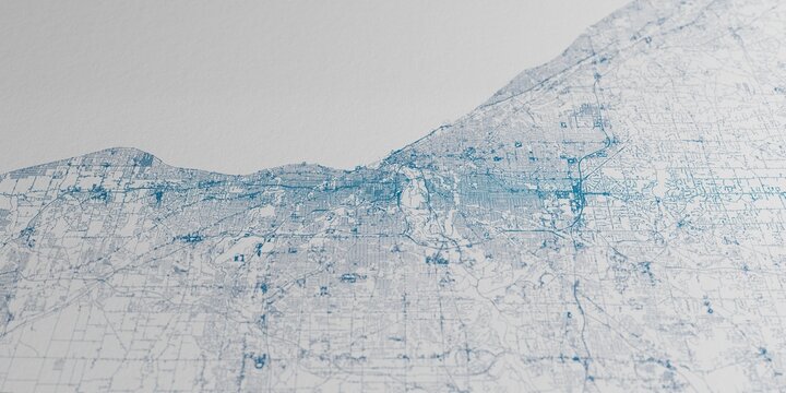 Cleveland (Ohio, USA) street map. The style of the map is blue ink