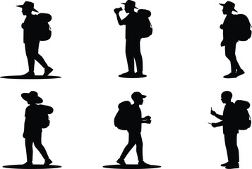 Black silhouette hiker illustration set featuring backpack poses, walking, standing, and travel gestures for outdoor design and adventure merch