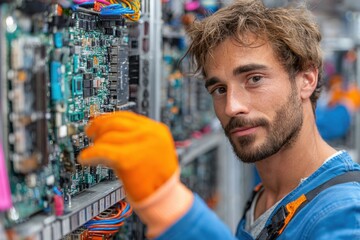 A man in workwear examines circuit boards in a server room, wearing orange gloves