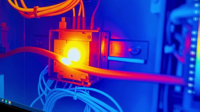 Infrared thermography analysis displayed on a monitor in a medium shot emphasizing the thermal hotspot on electrical wiring inside a control panel.