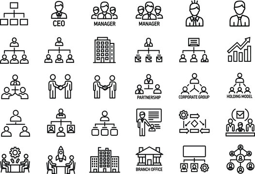 Black-and-white business icon set featuring labeled corporate roles, team structures, strategy, growth, and organizational hierarchy for design and education