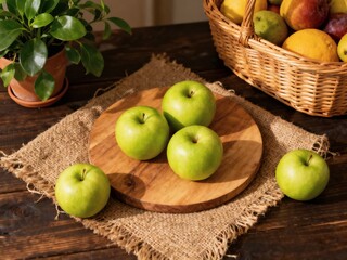 Still life with green apples, basket, and plant on a wooden table. product mockup photo E-commerce marketing poster Background shooting scene