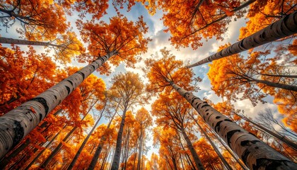 A vibrant autumn forest, showcasing tall trees with fiery orange foliage, reaching towards a partly cloudy sky.