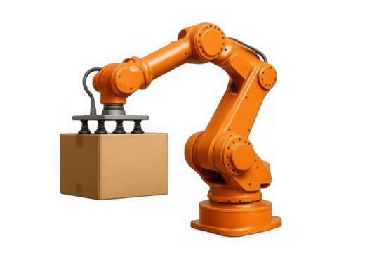 Industrial robotic arm gripping cardboard box for automated warehouse logistics and manufacturing operations transparent background