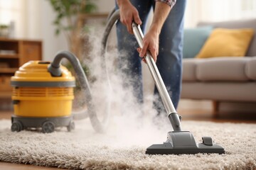 A man vacuuming a carpet with a vacuum cleaner