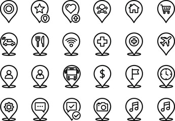 Black-and-white location pin icon set featuring categories like travel, shopping, health, food, entertainment, and services for design and apps