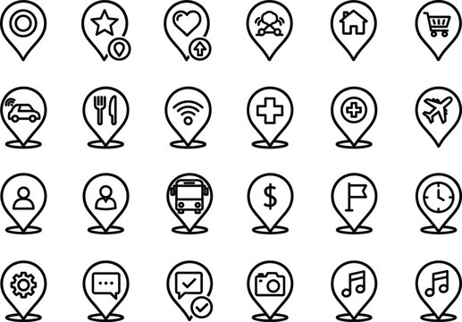Black-and-white location pin icon set featuring categories like travel, shopping, health, food, entertainment, and services for design and apps