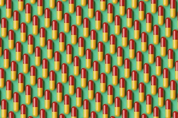 Many red and yellow pills on medium sea green background. Top flat view, diagonal grid. 3d render, illustration