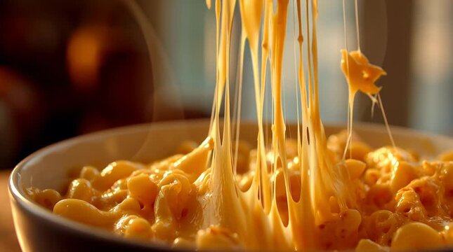 Close-up of mac and cheese in a bowl, fork lifting macaroni with melted cheddar stretching in gooey strings, golden cheesy pull effect, warm cinematic lighting, ultra-realistic food video