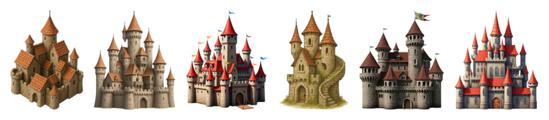 Obraz premium Fantasy castles set including various architectural styles, spires, and turrets isolated. Game elements and fairytale kingdom architecture.