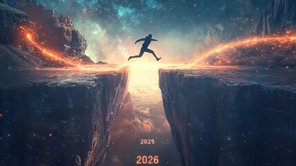 Silhouette jumping between cliffs representing future goals and overcoming challenges