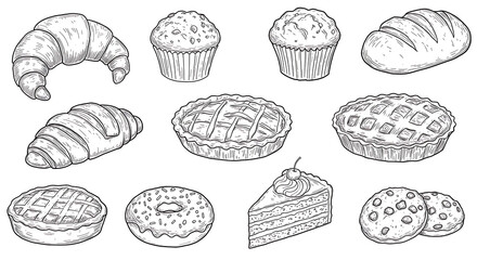 hand-drawn baked goods icons featuring bread, pies, cookies, and pastries