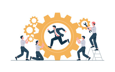 Teamwork Success: Businessman Running Through Gear, Supported by Workers, Illustrating Efficiency, Progress, and Collaboration in Achieving Business Goals and Success
