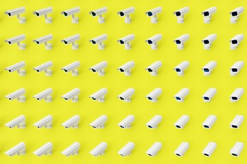 Many cctv on yellow background. Top flat view, cameras looking left. 3d render, illustration