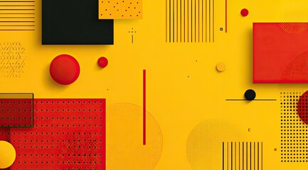 Abstract geometric shapes in vibrant yellow, red, and black.  A flat, layered composition of squares, circles, and lines on a yellow background.  Bold colors and patterns create a dynamic visual