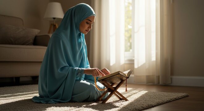 A woman in a blue hijab reads the Quran on a rug