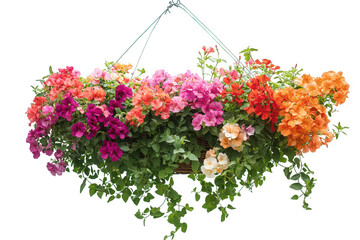 Colorful hanging flower basket isolated on transparent background