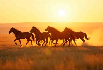 Dramatic Golden Hour Mustangs Galloping Through a Dusty Western Landscape