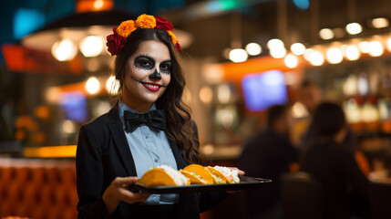 Young waitress dressed as catrina with sugar skull makeup wearing a suit and bow tie holding a tray with mexican tacos in a festive restaurant during halloween celebration. 