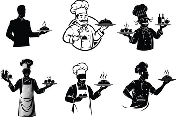 Chef illustration set featuring serving trays, expressive poses, culinary uniforms, and stylized gestures for food design, branding, and merch
