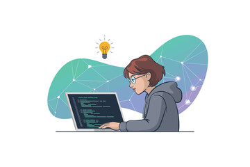Creative female coder working on laptop with innovative idea, lightbulb concept, programming, software development, web development, engineering, design and technology project.
