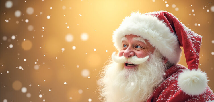 Cheerful Santa Claus peeks out , snowfall golden background