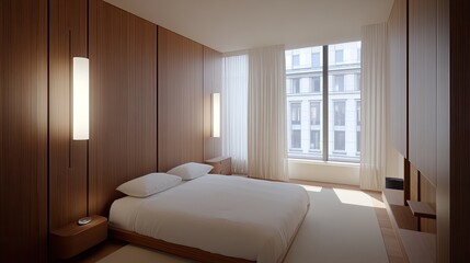 A spacious bedroom features a large bed with a beige and white palette, vertical wooden wall strips, and a textured carpet, receiving warm sunlight through sheer curtains