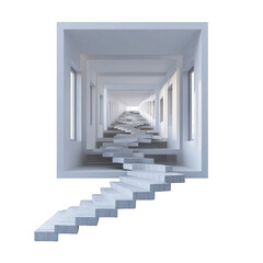 Obraz premium Endless white corridor with stairs and windows isolated on transparent background