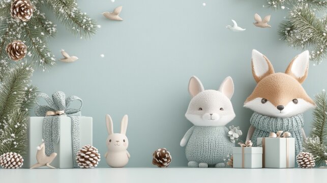 A cute fox in a knitted hat holds a present, while a pajama-clad rabbit stands beside it, accompanied by two cheerful birds in a festive winter setting - Powered by Adobe