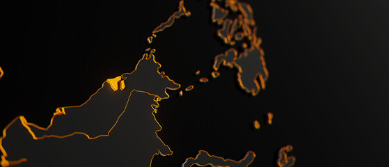 Golden Brunei 3d map surrounded with other countries in black with golden borders and shallow dof. Asia political map with borders