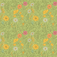 Whimsical floral pattern with daisies, cosmos, and stylized greenery on green, seamless pattern, royalty free stock.
