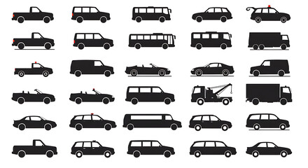 vehicle silhouette icons set featuring cars, trucks, vans, and buses in grid layout