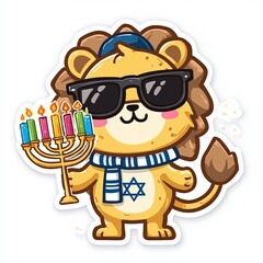 Naklejka premium Cute cartoon lion character celebrating Hanukkah with menorah in festive attire during winter festival time
