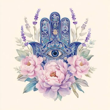 Intricate floral design featuring a hamsa hand and eye symbol with lavender and peonies