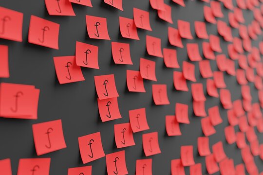 Many red stickers on black board background with symbol of Aruba guilder drawn on them. Closeup view with narrow depth of field and selective focus. 3d render, illustration