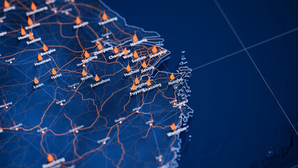 Shaoxing map big data visualization. Futuristic map infographic of city in China. Visual map data complexity in modern blue and orange colors