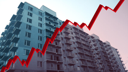 Red 3d graph on new building monochrome background. chart. Key Interest Rate Increases. Apartment. Industry crisis concept. Inflation. Rising consumer prices. Rental housing market research. CPI. Flat