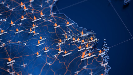 Zhenjiang map big data visualization. Futuristic map infographic of city in China. Visual map data complexity in modern blue and orange colors