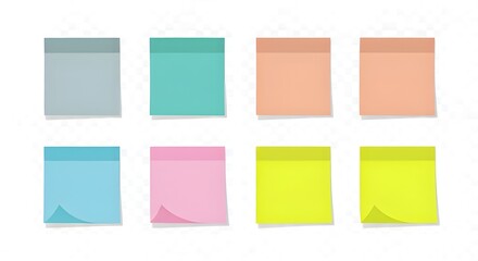 Fototapeta premium Set of eight square sticky notes in various pastel colors isolated PNG with Transparent Background
