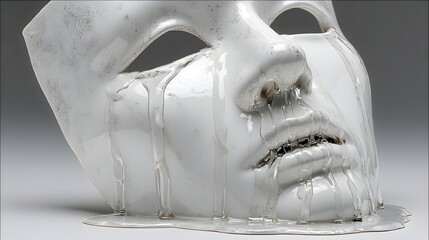 Melting porcelain mask with dripping wax and emotional expression