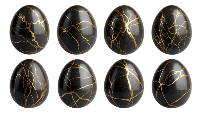 Obsidian & Gold Easter Eggs PNG Set –  Luxury Decorative Eggs, Polished Black Stone with Gold Veins, Transparent Background, No Shadows
