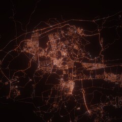 Naypyidaw (Myanmar) night view with street lights. Aerial shot from space. top view heading west, . 3d render, Illustration