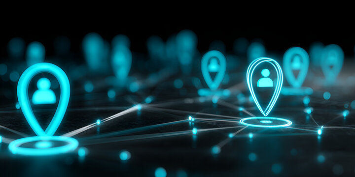 Digital location markers with user icons on a connected social network background - Powered by Adobe