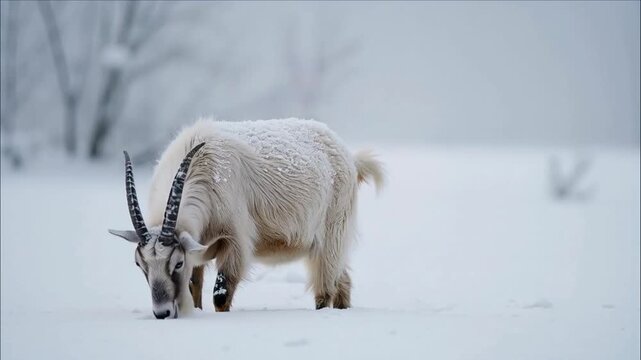 una cabra en un paisaje nevado. Tiene cuernos largos y curvos y un pelaje blanco y espeso