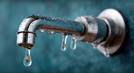 A close-up photo showcases a chrome faucet with water droplets forming and falling