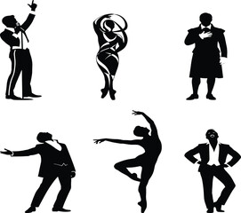 Expressive silhouette figure illustration set featuring dramatic poses, dance gestures, and confident stances for design, theater, and fashion
