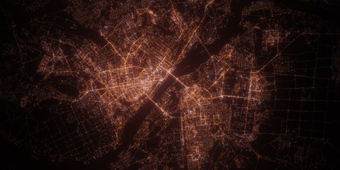 Novosibirsk (Russia) night view with street lights. Aerial shot from space. top view heading east, 