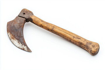 Old hand sickle with weathered wooden handle and slightly rusted curved blade, isolated on a white background.