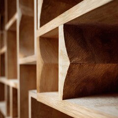Close-up view of custom-built wooden shelving.  Intricate,  curved compartments.  Natural light highlights the wood grain
