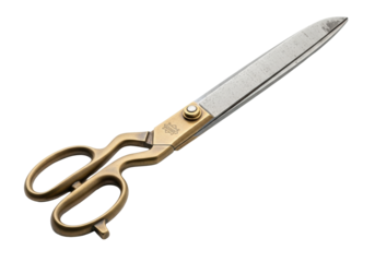 Vintage specialized tailor's shears with curved brass handles and worn carbon steel blades, isolated on transparent background with copy space, soft studio light, concept of sartorial tradition